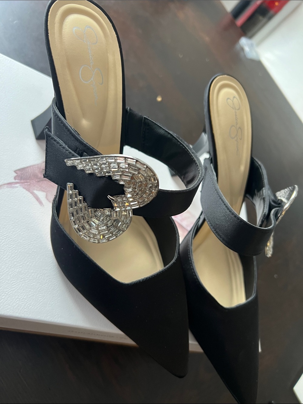 Jessica Simpson Black Satin Pointed Toe Heels with Crystal Buckle Accent - Picture 3 of 6